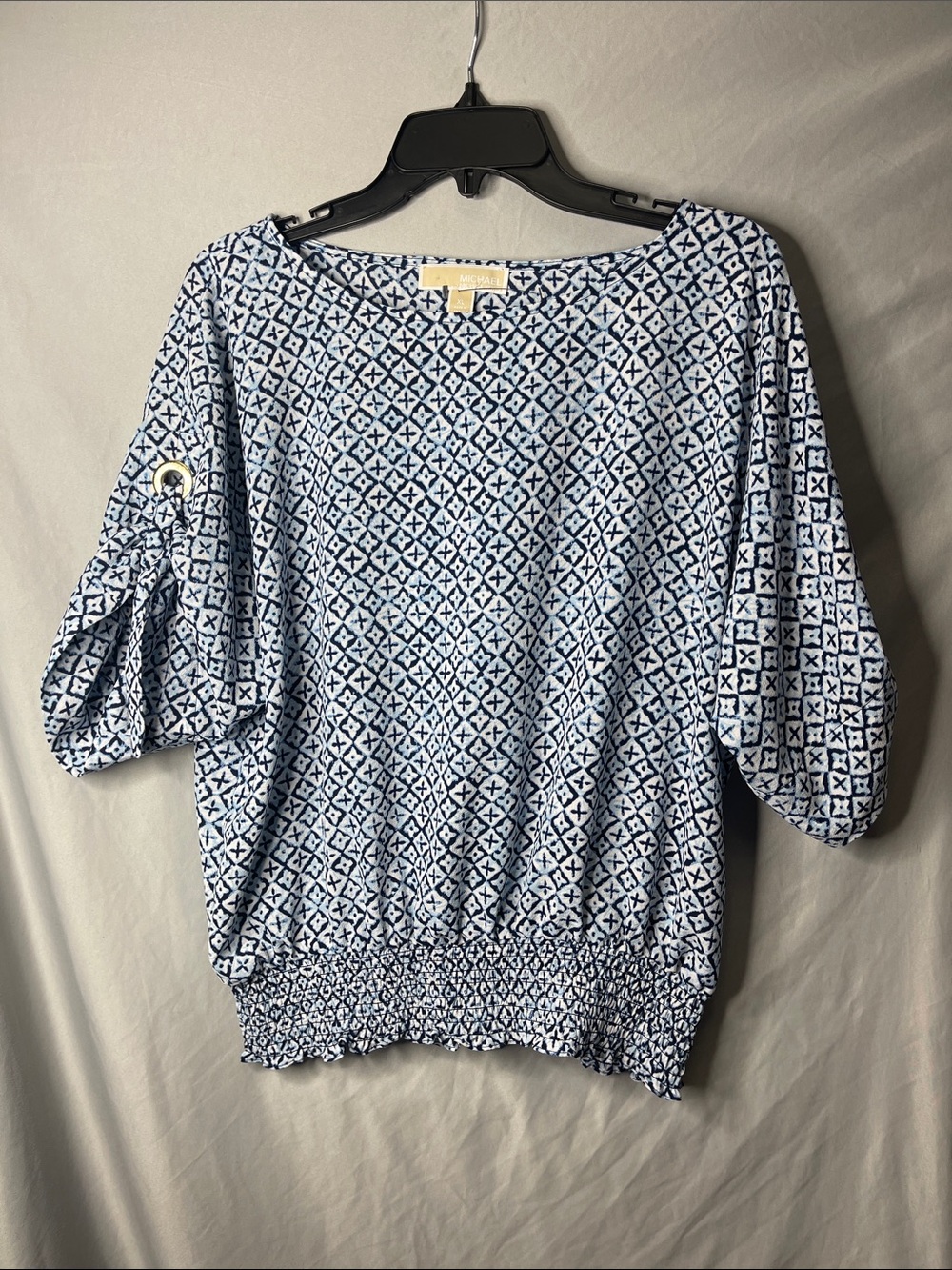 Michael Kors Light Blue Patterned Women's Blouse with Smocked Hem